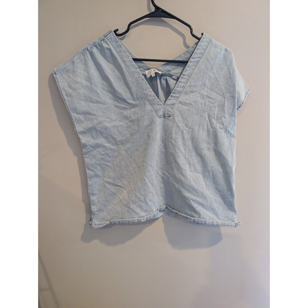 SSYS The Label Large Womens Denim Fade Textured Tunic Body Distressed V Neck Top